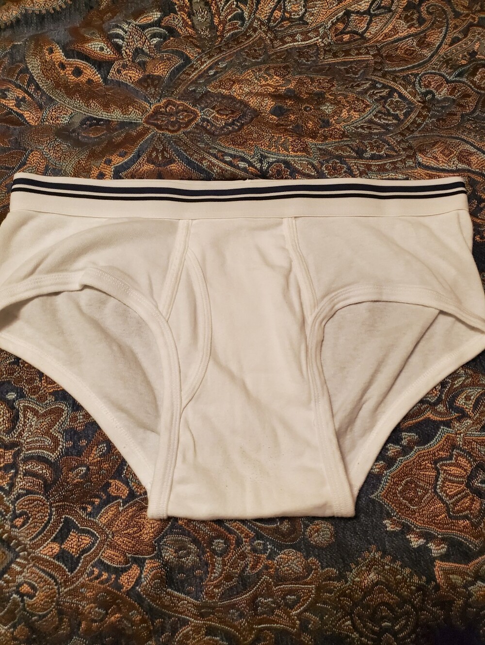Amazon Essentials White Briefs with Navy Stripe Waistband